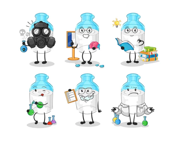 the bottle of milk scientist group character. cartoon mascot vector