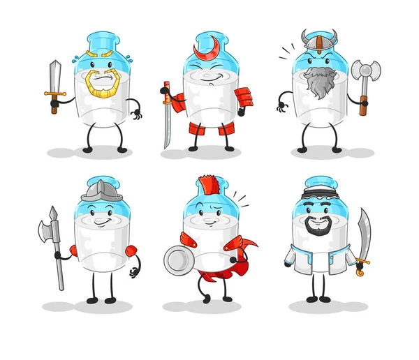 Garrafa Caráter Grupo Guerreiro Leite Vetor Mascote Desenhos Animados — Vetor de Stock