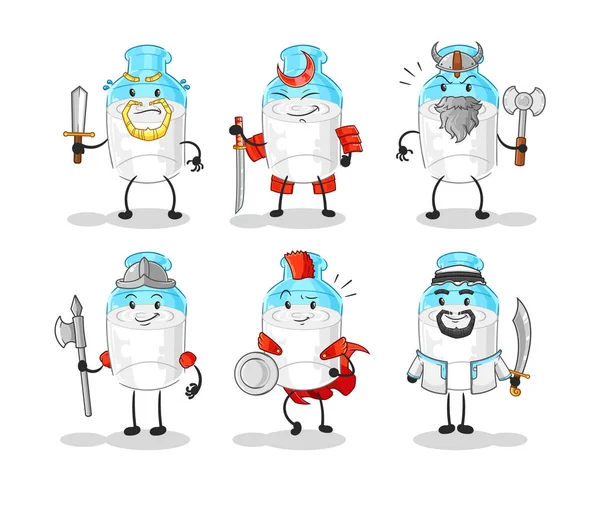 the bottle of milk warrior group character. cartoon mascot vector
