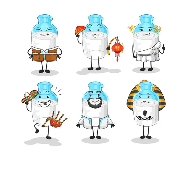 the bottle of milk world culture group. cartoon mascot vector
