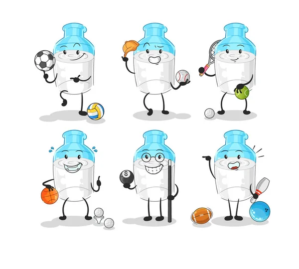 Garrafa Leite Esporte Caráter Set Vetor Mascote Desenhos Animados — Vetor de Stock
