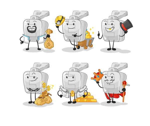 Personaje Del Grupo Rico Cremallera Vector Mascota Dibujos Animados — Vector de stock
