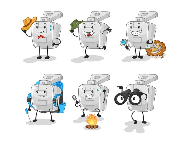 Personaje Del Grupo Aventura Con Cremallera Vector Mascota Dibujos Animados — Vector de stock