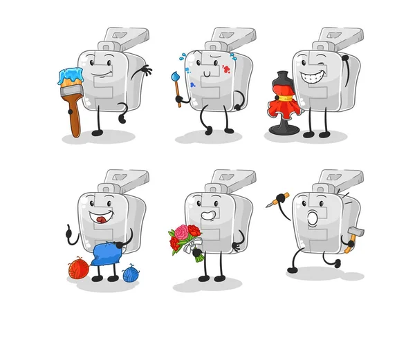 Personaje Del Grupo Artistas Con Cremallera Vector Mascota Dibujos Animados — Vector de stock