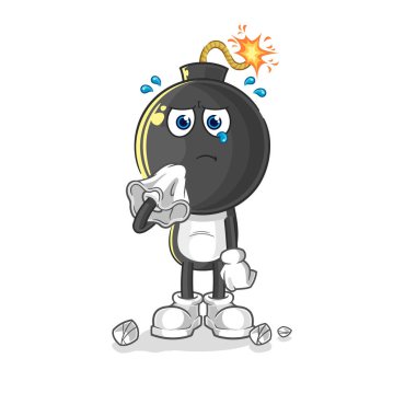 the bomb head cry with a tissue. cartoon mascot vecto