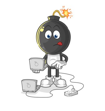 the bomb head with laptop mascot. cartoon vecto