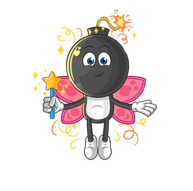 the bomb head fairy with wings and stick. cartoon mascot vecto