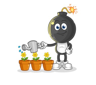 the bomb head watering the flowers mascot. cartoon vecto