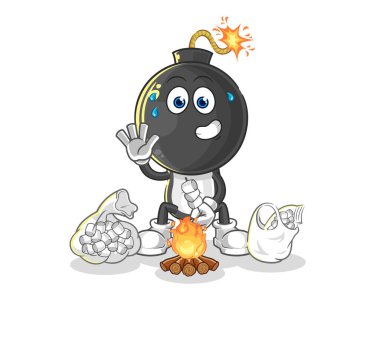the bomb head roasting marshmallows. cartoon mascot vecto