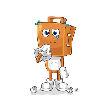 the suitcase head cry with a tissue. cartoon mascot vecto