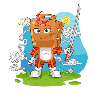 the suitcase head samurai cartoon. cartoon mascot vecto