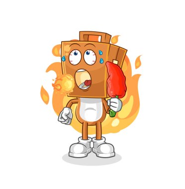 the suitcase head eat hot chilie mascot. cartoon vecto