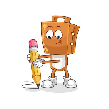 the suitcase head write with pencil. cartoon mascot vecto