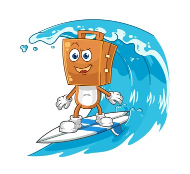 the suitcase head surfing character. cartoon mascot vecto