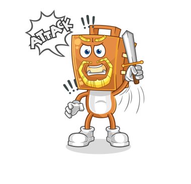 the suitcase head knights attack with sword. cartoon mascot vecto