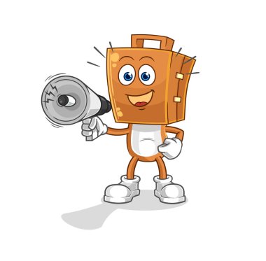 the suitcase head holding hand loudspeakers vector. cartoon characte