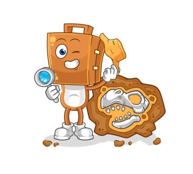 Fosil maskotlu bavul baş arkeologlar. çizgi film vektosu