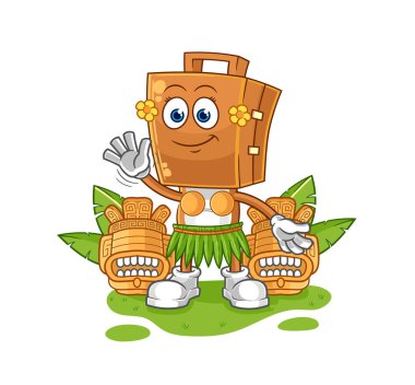Bavul başı Hawai 'li el sallayan karakter. karikatür maskotu vektosu