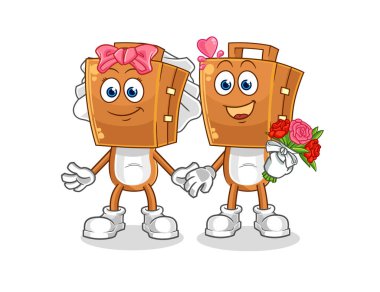 Bavul kafalı düğün karikatürü. karikatür maskotu vektosu