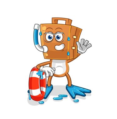 Şamandıra maskotlu bavul kafa yüzücüsü. çizgi film vektosu