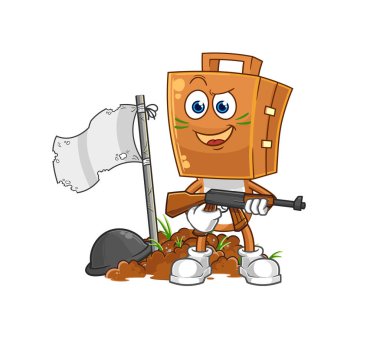 Bavulun başındaki ordu karakteri. karikatür maskotu vektosu