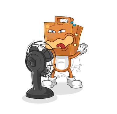 İçinde hayran karakteri olan bavul kafası. karikatür maskotu vektosu