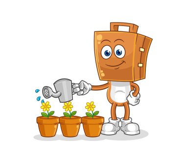 Bavul başı çiçek maskotunu suluyor. çizgi film vektosu