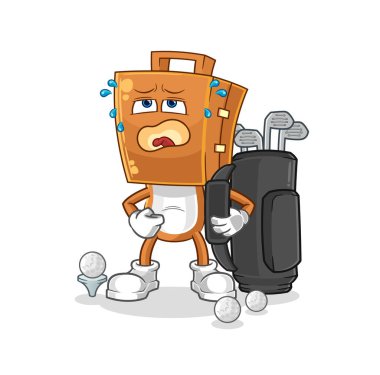 Golf ekipmanlarıyla dolu bavul başı. karikatür maskotu vektosu