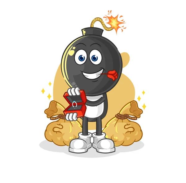 Bomb Head Propose Ring Cartoon Mascot Vecto — Stockový vektor