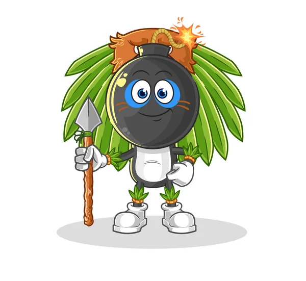 Bomb Head Tribal Man Mascot Cartoon Vecto — Stock Vector