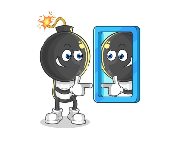 Bomb Head Looking Mirror Cartoon Cartoon Mascot Vecto — Stok Vektör