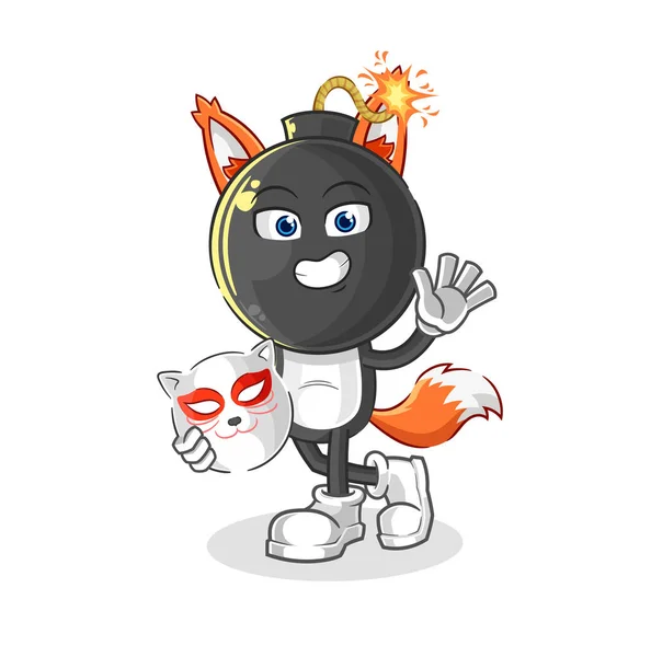 Bomb Head Japanese Fox Character Cartoon Masco — Vetor de Stock