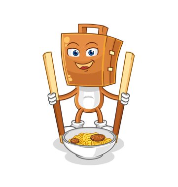 Bavul kafalı erişte karikatürü yiyor. karakter maskotu vekto