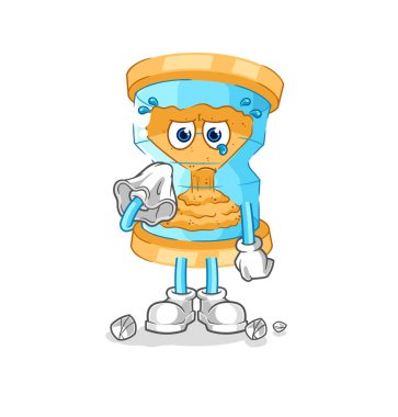 Kum saati peçeteyle ağlıyor. karikatür maskotu vektosu