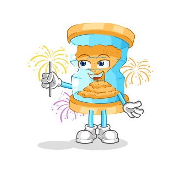 Kum saati ve havai fişek maskotu. çizgi film vektosu