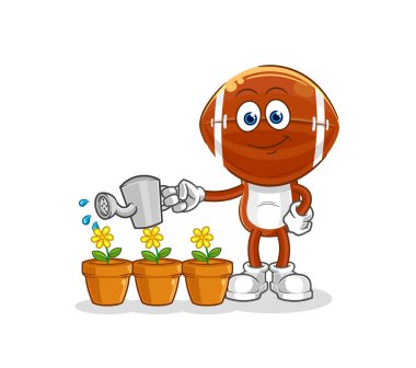 Ragbi kafa çiçek maskotunu suluyor. çizgi film vektosu