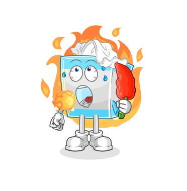 Mendil kutusu sıcak kırmızı biber maskotu yiyor. çizgi film vektosu