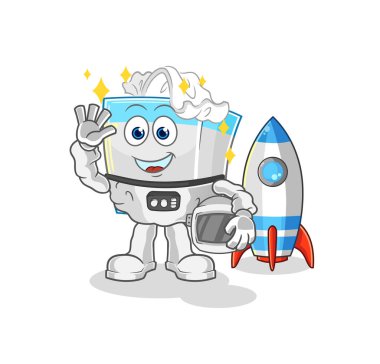 Doku kutusu astronotu el sallıyor. karikatür maskotu vektosu
