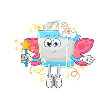 Kanatları ve sopası olan mendil kutusu perisi. karikatür maskotu vektosu