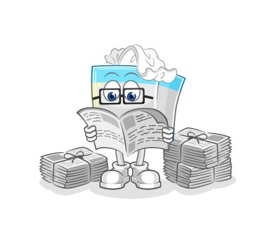 Kağıt mendil kutusu gazete karikatürü okur. karakter vektosu