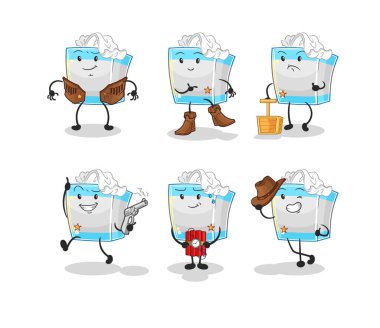 Mendil kutusu kovboy grubu karakteri. karikatür maskotu vektosu