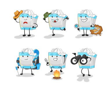 Mendil kutusu macera grubu karakteri. karikatür maskotu vektosu