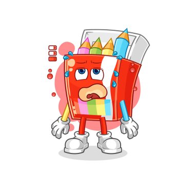 Renkli kalemler, düşük batarya maskotu. çizgi film vektosu