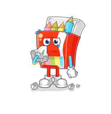 Renkli kalemler mendille ağlar. karikatür maskotu vektosu