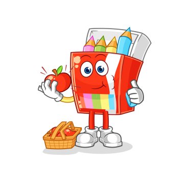 Elma çizimi yiyen renkli kalemler. karakter vektosu