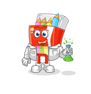 Renkli kalemler bilim adamı karakteri. karikatür maskotu vektosu