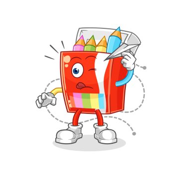 Kağıt uçak karakterli renkli kalemler. karikatür maskotu vektosu