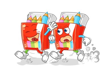 Renkli kalemler kovalamaca karikatürü oynuyorlar. karikatür maskotu vektosu