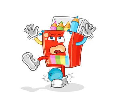 Bowling çizgi filmiyle vurulan renkli kalemler. karikatür maskotu vektosu