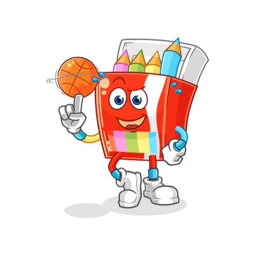 Renkli kalemler basket topu maskotu oynuyorlar. çizgi film vektosu